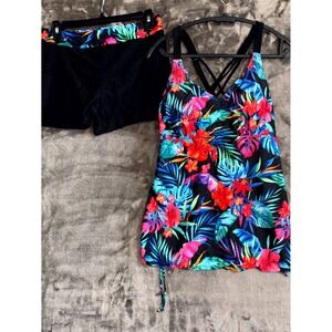 Tempt Me Tankini Set Swimsuit Womens 2XL Multicolor Tropical Stretch Padded